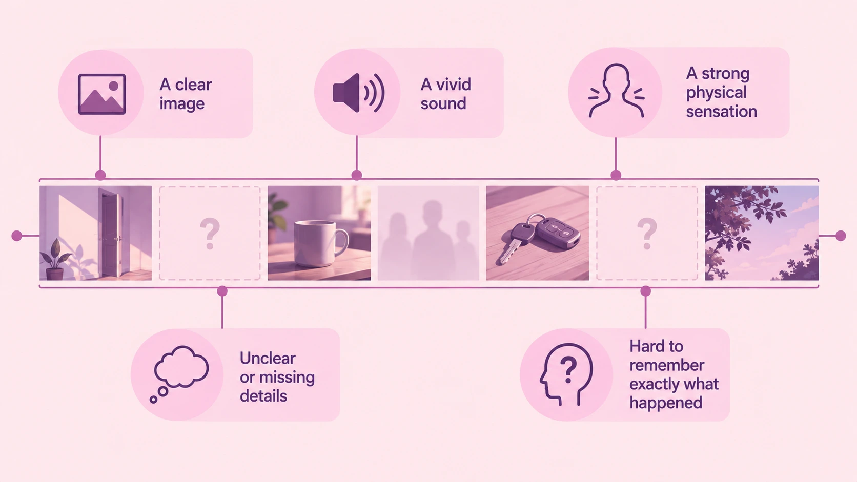 PTSD Memory Loss and Why Memory Can Feel Different After Trauma 4 infographic illustrating how Trauma memories can work differently from everyday memories